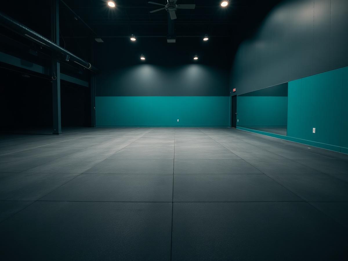 Empty studio floor with a teal accent wall